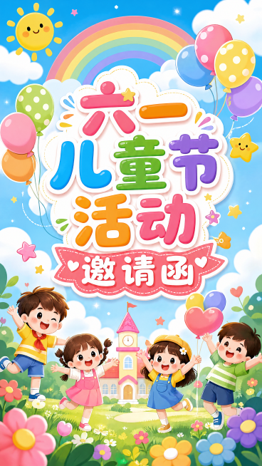 六一儿童节幼儿园活动邀请函设计，卡通风格，有小朋友、气球、彩虹元素，封面大字写着"六一儿童节活动邀请函"，整体活泼可爱色彩鲜艳，适合幼儿园风格预览效果