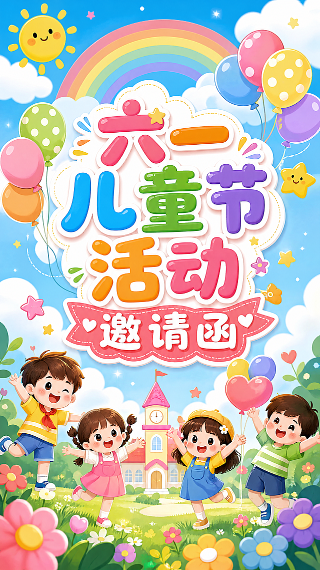 六一儿童节幼儿园活动邀请函设计，卡通风格，有小朋友、气球、彩虹元素，封面大字写着"六一儿童节活动邀请函"，整体活泼可爱色彩鲜艳，适合幼儿园风格
