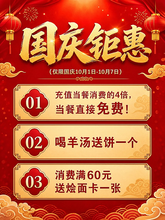 一张竖版节日促销海报，比例3:4，简单大气，节日氛围，画面整洁不乱，四周留出血安全边距。背景采用红色渐变底色，点缀金色祥云纹样、传统节日装饰元素，顶部居中大标题"国庆钜惠"，金色字体，醒目大气。标题下方小字副标题"（仅限国庆10月1日-10月7日）"。中下部整齐排列三个活动卡片，简洁明了，分别为：活动一"充值当餐消费的4倍，当餐直接免费！"，活动二"喝羊汤送饼一个"，活动三"消费满60元送烩面卡一张"。三个活动用序号01、02、03标注，卡片用浅金色描边，排版整齐，层级分明。整体风格喜庆大气，红金配色，节日氛围浓厚，版式精美，留白适当，文字清晰可读。画面中所有数字必须精确渲染，不得出现错位、遗漏或编造的数字。画面中不得出现二维码，不得增加额外内容。画面中所有信息区域必须填充完整合理的内容，不得出现空白框或待填写区域。