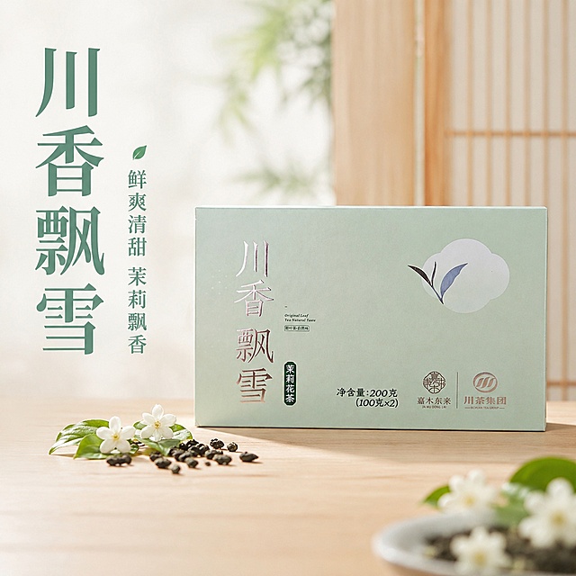 [主图-1] 川香飘雪茉莉花茶礼盒主图，突出产品整体外观与核心卖点
[氛围风格] 清新自然国风，展示茶叶礼盒的雅致质感
[画质] 商业摄影质感、光线柔和通透、产品清晰真实、画面干净高级
[元素] 川香飘雪茉莉花茶绿色外包装礼盒居中展示，礼盒前方散落少量干茶叶，背景搭配雅致浅木色茶桌，点缀几朵新鲜茉莉花点缀，左侧预留文案负空间。保持产品外观（物理结构、材质质感、颜色）与输入产品图绝对一致，杜绝任何变形和色差，精细化处理。商品主体占比严格控制在 70% 左右，画面满屏无边框。
[光影] 明亮柔和的桌面自然光，主光从左侧打来，突出礼盒表面纹理质感，茉莉花和茶叶的轮廓带浅淡柔和阴影，整体通透干净，不偏色不发灰
[配色] 主色调为产品原有的浅青绿色，搭配浅木色背景和白色茉莉花瓣，自然清新配色
[视角构图] 正前方平视拍摄，礼盒主体完整，浅景深突出产品，背景虚化保留质感
[文字版式] 左侧负空间竖排主文案，大字粗体「川香飘雪」，青绿色字体，下方小字辅助文案「鲜爽清甜 茉莉飘香」，更小字号同色系，右下方保留原品牌Logo「嘉木东来 川茶集团」清晰展示，所有文字均不遮挡产品主体
[输出要求] 1:1 比例，文字清晰可辨，超高清商业摄影质感
[负向提示词] 变形，文字错乱，产品图模糊，背景杂乱，水印，电商平台Logo，茉莉花瓣过度堆砌