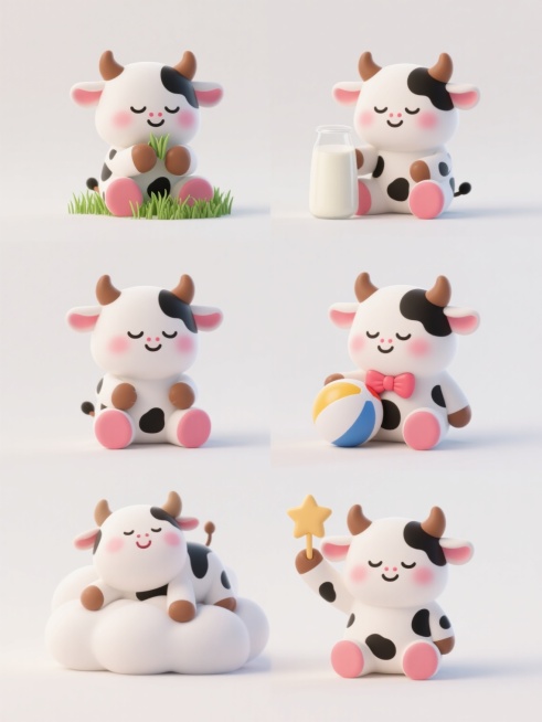 一系列6个不同姿态和场景的可爱卡通奶牛角色，保持3D立体风格，圆润Q萌的造型，白色身体带黑色斑点，棕色的牛角和蹄子，粉红色的耳朵内侧和脸颊红晕，闭着眼睛的微笑表情，每个奶牛分别进行不同的活动：1. 吃青草 2. 喝牛奶 3. 玩皮球 4. 戴蝴蝶结 5. 睡在云朵上 6. 举着星星，所有角色在纯白色背景上呈规整的2x3网格排布，保持统一的光影效果和色彩风格，画面简洁明快，充满童趣。预览效果