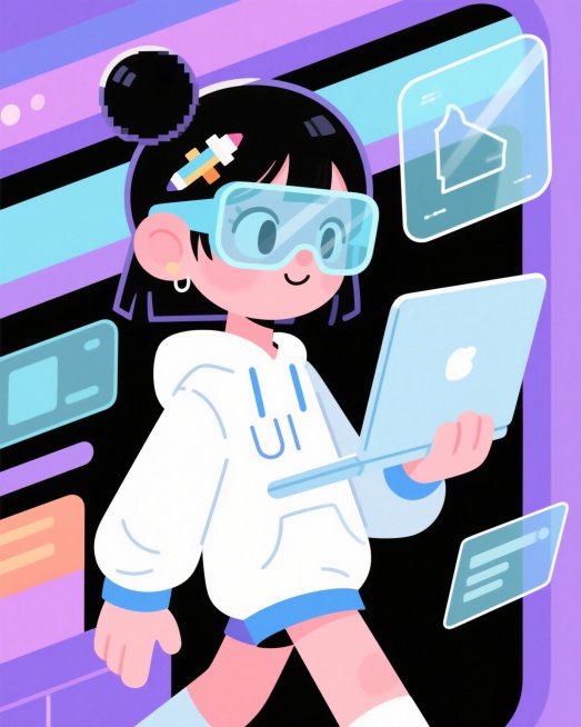 潮流IP形象，女生，戴半透明浅蓝科技感眼镜，丸子头别像素画笔发夹，手持笔记本电脑，身穿印UI线稿的白蓝卫衣，身边悬浮毛玻璃质感UI组件，轻科技甜酷风，圆润线条，白+浅蓝+低饱和紫配色，细节丰富，全身，预览效果