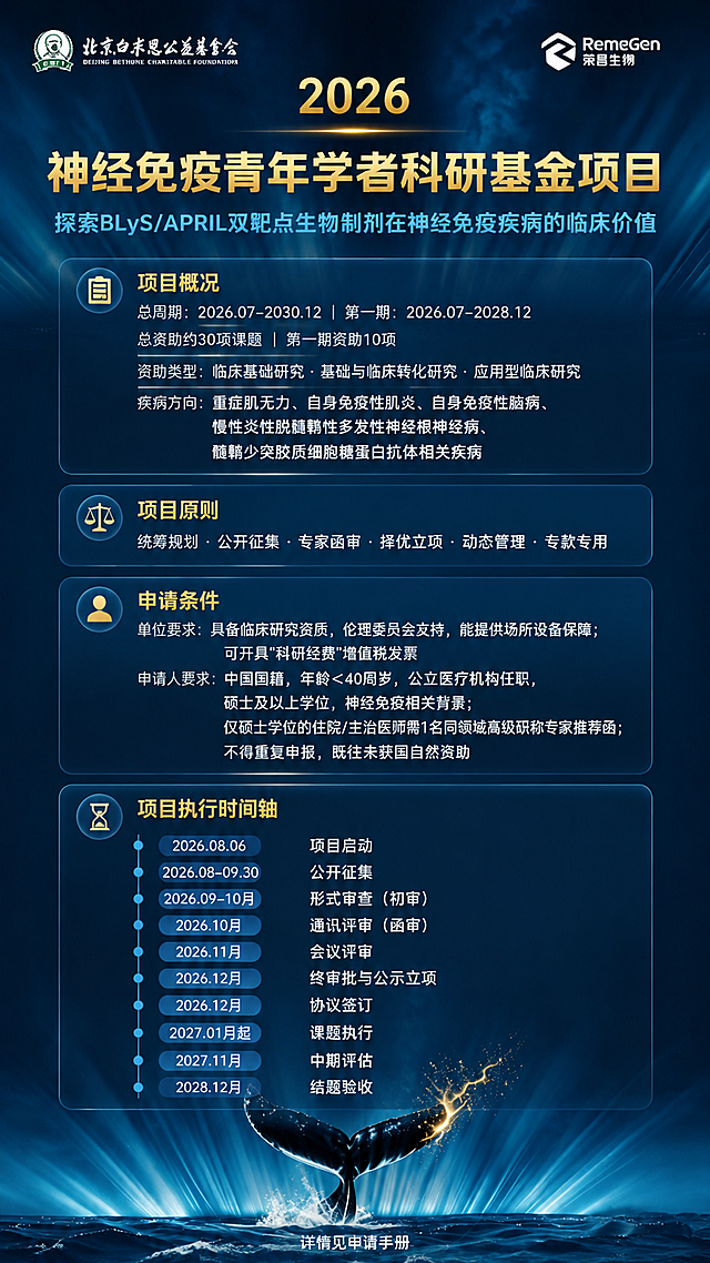 基于参考图的深蓝海洋光束风格，重新设计一张完整的竖版9:16学术基金海报，保留原图的视觉基调：深海蓝背景、顶部放射状光束、金色文字、底部鲸鱼尾破水而出带金色光效的元素。左上角保留"北京白求恩公益基金会"logo，右上角保留"RemeGen 荣昌生物"logo。

顶部结构：
- 顶部居中金色大字"2026"，下方金色横线装饰
- 主标题："神经免疫青年学者科研基金项目"，金色粗体大字，居中
- 副标题："探索BLyS/APRIL双靶点生物制剂在神经免疫疾病的临床价值"，浅蓝色小字，居中

中部信息区（玻璃拟态半透明深蓝卡片，分板块呈现，文字清晰可读）：

【项目概况】
总周期：2026.07–2030.12  |  第一期：2026.07–2028.12
总资助约30项课题  |  第一期资助10项
资助类型：临床基础研究 · 基础与临床转化研究 · 应用型临床研究
疾病方向：重症肌无力、自身免疫性肌炎、自身免疫性脑病、慢性炎性脱髓鞘性多发性神经根神经病、髓鞘少突胶质细胞糖蛋白抗体相关疾病

【项目原则】
统筹规划 · 公开征集 · 专家函审 · 择优立项 · 动态管理 · 专款专用

【申请条件】
单位要求：具备临床研究资质，伦理委员会支持，能提供场所设备保障；可开具"科研经费"增值税发票
申请人要求：中国国籍，年龄＜40周岁，公立医疗机构任职，硕士及以上学位，神经免疫相关背景；仅硕士学位的住院/主治医师需1名同领域高级职称专家推荐函；不得重复申报，既往未获国自然资助

【项目执行时间轴】（竖向时间轴，蓝色圆点+胶囊标签）
2026.08.06  项目启动
2026.08–09.30  公开征集
2026.09–10月  形式审查（初审）
2026.10月  通讯评审（函审）
2026.11月  会议评审
2026.12月  终审批与公示立项
2026.12月  协议签订
2027.01月起  课题执行
2027.11月  中期评估
2028.12月  结题验收

底部：鲸鱼尾破水元素保留，最底部备注小字"详情见申请手册"。

画面中所有数字必须精确渲染，不得错位、遗漏或编造。所有信息区域必须填充完整内容，不得空白。版式精美，层级分明，四周留安全边距，整体深蓝金配色，高端大气的医学学术氛围。
