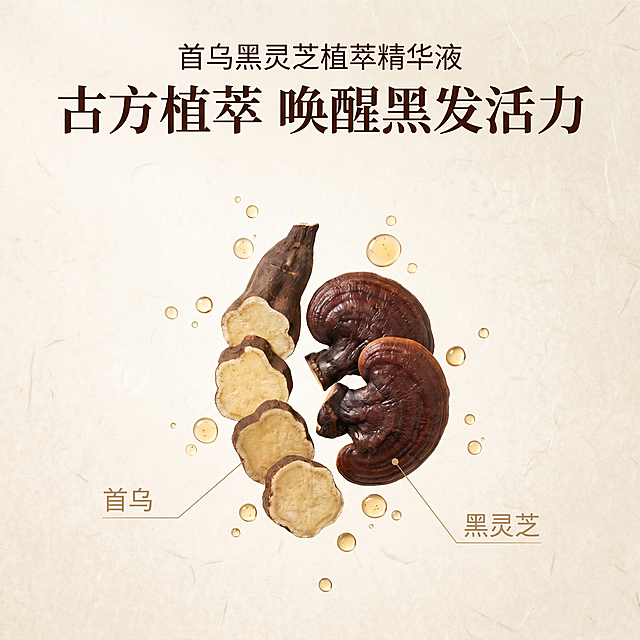 [主图2]首乌黑灵芝植萃精华液核心成分解析。氛围风格：新中式本草风，天然纯净通透。画质：商业摄影质感，清晰细腻，高级简约。元素：浅米宣纸背景，画面中心悬浮真实首乌段和黑灵芝实物，环绕着细小植萃精油透明水滴，用纤细金色引线分别指向对应植物，标注成分功效。整体构图简洁干净，突出核心植萃成分。光影：柔和均匀自然光，突显植萃鲜活质感，通透干净。配色：米白宣纸底，深棕色植物，金色细线，天然雅致。视角构图：中心对称构图，留白充足，层次清晰。文字版式：顶部居中大字写"古方植萃 唤醒黑发活力"，深棕色粗衬线字体；下方分别对应小字标注"首乌"、"黑灵芝"，浅色轻盈字体。1:1比例，2k分辨率，文字清晰可辨，超高清。负向提示词：变形，水印，文字错乱，背景杂乱，遮挡主体，风格不统一。