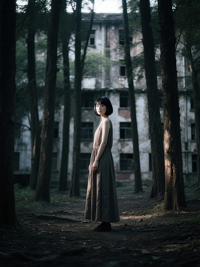 破旧古老的校园和高大的树林，暗调氛围。穿长裙的少女，面无表情看镜头，漏光打在少女身上。远景。
