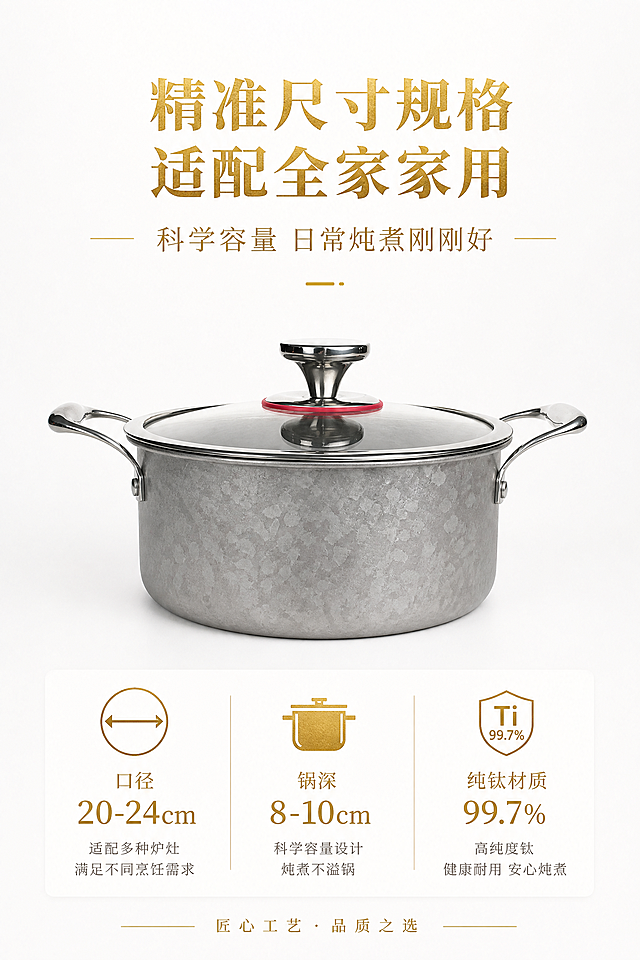 久阳99.7%纯钛双耳汤锅 10屏2:3竖版电商详情图AI设计提示词
通用强制规范（全屏统一）
1. 画面比例：固定2:3竖版，8K超清画质，光影高级、无噪点、无模糊失真。
2. 产品还原：严格还原产品原图所有细节，包含配色、肌理、结构，去除背景杂物、手部元素；产品尺寸口径20-24cm、锅深8-10cm，1:1精准还原比例。
3. 视觉风格：统一细质轻奢风、哑光质感风、极简留白风，低饱和高级配色，整体画面协调无割裂。
4. 文字效果：采用无衬线极简字体，搭配鎏金烫金、低饱和渐变质感，通过居中、左右对齐实现层级排版，主次清晰。
5. 整体基调：轻奢居家、健康高端、简约质感，适配中高端厨具电商视觉。
第1屏：首屏海报·品牌主打封面
正向提示词：2:3竖版电商首屏海报，8K超清，极简留白轻奢风格，浅冰蓝、钛金属银为主色调，鎏金为辅助色。居中构图，久阳纯钛双耳汤锅C位立体展示，光影层次丰富，凸显锅身雪花结晶肌理。主标题居中：【99.7%高纯度纯钛汤锅】，副标题居中：【健康无析出 轻奢居家厨具】，文字鎏金烫金质感，字体纤细高级。浅灰极简背景，柔光质感，整体简约大气，突出产品高端颜值与核心材质卖点，无杂物、无手部入镜，产品比例精准。
负面提示词：禁止杂乱背景、刺眼配色、网红廉价风、画面模糊、产品变形、手部入镜、文字堆砌、光影杂乱、高饱和色彩、构图拥挤。
第2屏：核心卖点·高纯钛材质科普
正向提示词：2:3竖版卖点详情屏，8K高清，细质轻奢极简留白排版。产品侧展特写，清晰呈现雪花结晶肌理，左对齐文字排版。主标题：【99.7%高纯纯钛 食材级健康材质】，副标题：【无重金属析出 守护全家饮食健康】。搭配极简材质肌理特写，低饱和柔和光影，哑光高级质感，画面干净直观，精准还原产品尺寸与外观细节，无多余装饰杂物。
负面提示词：禁止花哨配色、文字堆砌、比例失调、画面失真、卡通风格、厚重滤镜、背景杂乱、水印图案。
第3屏：工艺亮点·雪花结晶肌理工艺
正向提示词：2:3竖版工艺展示屏，8K超清，哑光轻奢质感风。锅身微距特写，极致凸显细腻雪花结晶纹理，质感通透高级。文字右对齐排版，主标题：【雪花结晶工艺 高颜值质感锅身】，副标题：【一体成型工艺 耐磨耐刮 经久如新】。纯白留白背景，光影聚焦产品，鎏金文字点缀，字体层级分明，精准还原产品原色质感，画面精致高级，可视化呈现工艺优势。
负面提示词：禁止纹理模糊、过度修图、花哨装饰、画面暗沉、字体粗糙、构图拥挤、多余道具、色彩偏差。
第4屏：结构设计·人性化细节配置
正向提示词：2:3竖版细节展示屏，8K高清，极简轻奢风，分栏模块化排版。多视角展示双耳防烫把手、钢化玻璃可视锅盖、一体成型锅身细节。文字居中对称排版，主标题：【人性化贴心设计 家用更省心】，副标题：【防烫双耳+可视玻璃盖 蒸煮一目了然】。浅冰蓝渐变背景，光影均匀柔和，细节清晰锐利，文字低饱和渐变质感，画面整洁高级，全方位展示产品实用结构，精准还原产品尺寸细节。
负面提示词：禁止细节模糊、结构缺失、排版混乱、艳丽配色、廉价质感、画面脏乱、光影杂乱、多余杂物。
第5屏：适配场景·全炉灶通用适配
正向提示词：2:3竖版场景适配屏，8K高清，极简轻奢融合自然治愈风。高端简约厨房实景场景，分别展示汤锅适配明火、电磁炉的使用状态，产品摆放自然协调。文字左对齐排版，主标题：【全炉灶通用 适配家用多种场景】，副标题：【明火/电磁炉通用 炖煮熬煮一机多用】。画面色调统一低饱和，光影自然，产品与场景融合无违和，干净高级，突出产品通用适配优势，精准还原产品外观细节。
负面提示词：禁止老旧杂乱场景、场景花哨、产品悬浮失真、滤镜过重、元素冗余、画面模糊、视觉违和。
第6屏：尺寸参数·精准规格展示
正向提示词：2:3竖版参数规格屏，8K高清，极简商务质感风，分栏模块化排版。产品正视完整展示，搭配极简数据模块，清晰标注核心参数：口径20-24cm、锅深8-10cm、99.7%纯钛材质。文字居中对称排版，主标题：【精准尺寸规格 适配全家家用】，副标题：【科学容量 日常炖煮刚刚好】。纯白留白背景，文字鎏金烫金质感，排版规整专业，无多余装饰，简约高端，精准还原产品比例细节。
负面提示词：禁止文字错乱、排版杂乱、花哨配色、产品变形、卡通元素、构图拥挤、参数错误、多余图案。
第7屏：安全优势·健康无析出卖点
正向提示词：2:3竖版安全卖点屏，8K超清，极简高级质感风。产品轻奢静态摆拍，搭配极简安全可视化图标，凸显食品级安全属性。文字右对齐排版，主标题：【食品级纯钛材质 无毒无析出】，副标题：【耐酸碱耐腐蚀 高温炖煮更健康】。低饱和浅色系渐变背景，光影柔和治愈，文字层级清晰，画面干净简约，精准还原产品原色原貌，凸显健康安全核心优势。
负面提示词：禁止夸张惊悚氛围、杂乱图标、刺眼配色、画面暗沉、廉价字体、多余杂物、过度修图失真。
第8屏：使用优势·易清洁耐用特性
正向提示词：2:3竖版实用卖点屏，8K高清，哑光轻奢质感风。组合画面展示产品整体外观与锅内壁光滑特写，可视化呈现不挂壁、易清洁优势。文字居中排版，主标题：【一体成型无缝锅身 一擦即净】，副标题：【耐磨抗造 日常家用经久耐用】。极简留白背景，光影聚焦内壁细节，凸显哑光细腻肌理，文字低饱和渐变质感，风格统一高级，卖点直观清晰。
负面提示词：禁止画面杂乱、细节模糊、色彩偏差、夸张滤镜、多余道具、排版错乱、质感廉价。
第9屏：整体颜值·多场景居家百搭
正向提示词：2:3竖版颜值展示屏，8K超清，细质轻奢+极简留白风。高端轻奢厨房场景，产品摆放于极简大理石台面，柔和自然光烘托质感，多角度展示产品整体造型与雪花肌理。文字左对齐排版，主标题：【轻奢美学厨具 适配各类居家风格】，副标题：【颜值与实力并存 提升厨房质感】。整体色调统一高级，无视觉割裂，精准还原产品所有细节，场景简约干净、高级治愈。
负面提示词：禁止廉价网红场景、色彩杂乱、质感失真、高饱和画面、摆件堆砌、画质模糊、光影杂乱。
第10屏：收尾屏·品牌总结价值升华
正向提示词：2:3竖版封底收尾屏，8K超清，极简高端轻奢风。产品居中全景立体展示，完整呈现整体造型与肌理质感，留白背景搭配轻微鎏金肌理点缀。文字居中对称排版，主标题：【久阳纯钛汤锅 重新定义健康炖煮】，副标题：【99.7%高纯纯钛 · 健康安全 · 轻奢耐用】。底部极简品牌标语，文字鎏金烫金质感，画面规整大气、风格闭环，精准还原产品细节，无杂物无水印，拔高产品品牌调性。
负面提示词：禁止画面廉价空洞、文字堆砌、花哨配色、产品模糊变形、多余装饰、水印logo、光影突兀、风格割裂。「图片1」「图片1」「图片1」「图片1」「图片1」「图片1」「图片1」「图片1」「图片1」「图片1」