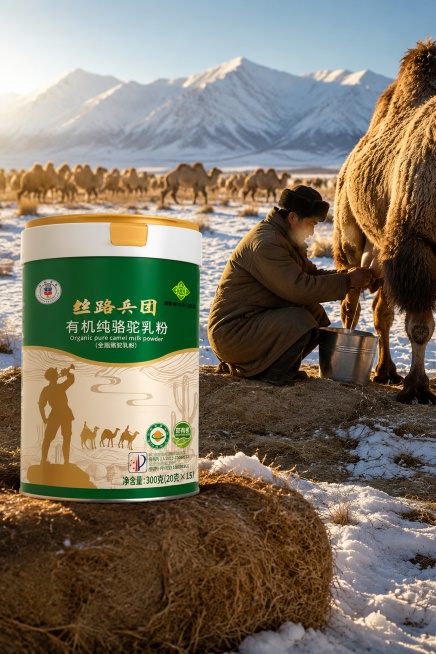 国家地理风光摄影风格，新疆伊犁冬季牧场，白雪覆盖的草原上骆驼群在觅食，远处天山雪山巍峨，中国男性牧场工人穿着厚棉衣正在挤奶，呼出的白气清晰可见，丝路兵团有机纯骆驼乳粉罐严格参照上传产品图，完整保留所有预览效果