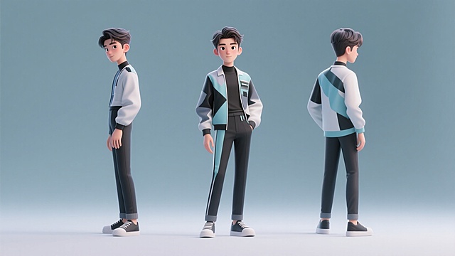 瘦高的电商虚拟主播，男性，20岁，时尚穿搭，纯色背景