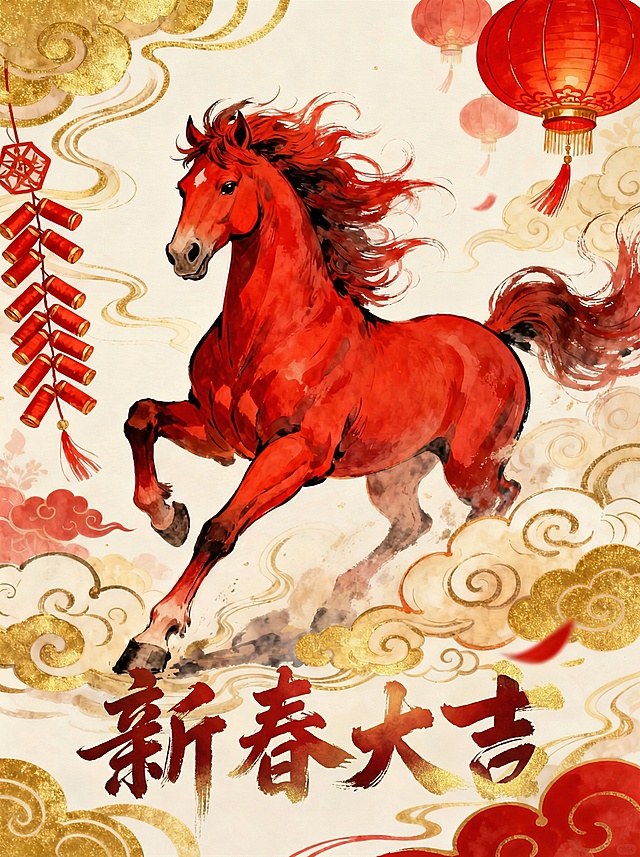 国潮风插画，红马奔腾于金云祥瑞间，融合工笔与水彩技法，配以灯笼鞭炮，尽显中式喜庆与古典韵味，新春大吉贺岁主题。