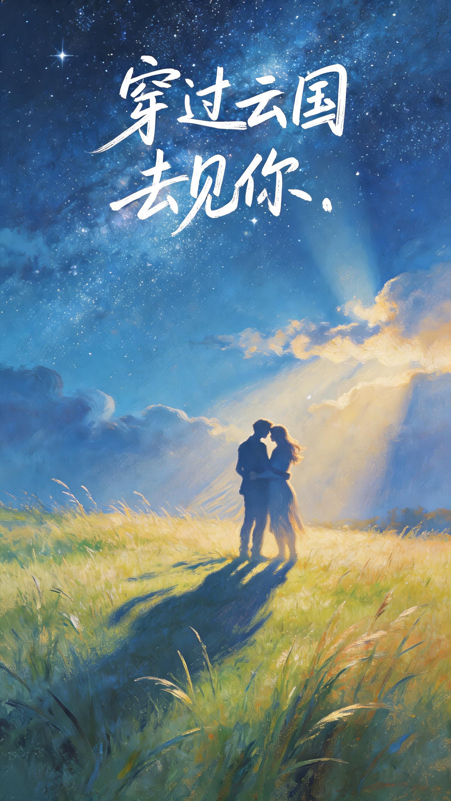 保留这张星空草地拥抱情侣的原图内容，将第一张图片里的白色手写文… - 图片创意预览