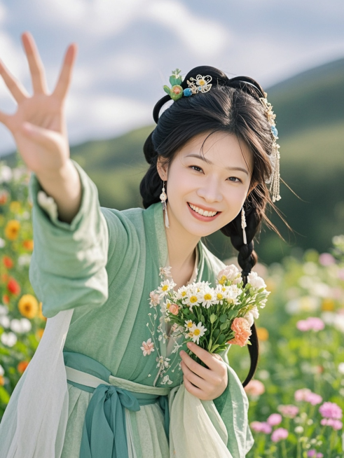 一名身穿绿色系汉服的女生，中式发饰，皮肤纹理清晰，高清商业摄影，半身照，人物特征保持预览效果