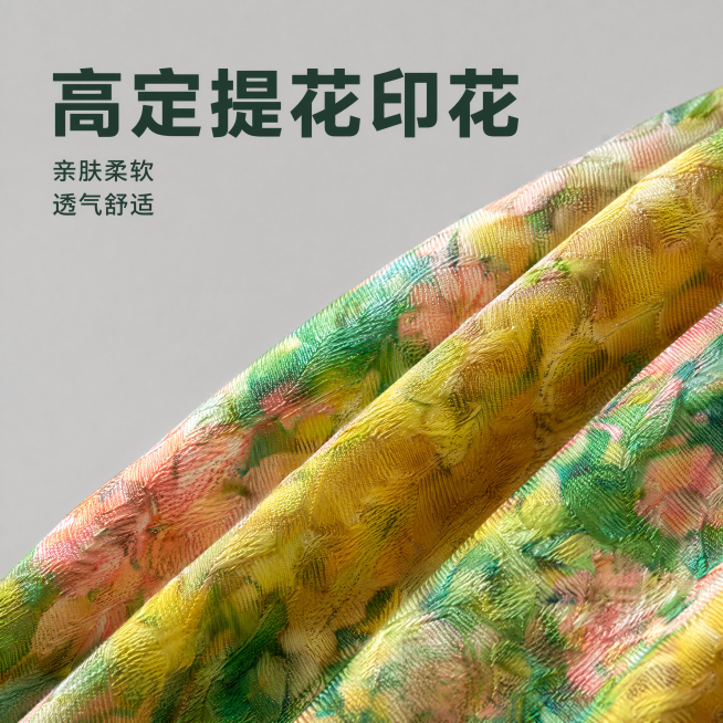 [主图-4] 大码碎花连衣裙面料细节特写展示图，氛围风格为高级质感特写，清晰突出面料优势，画质要求商业细节摄影，高清清晰，纹理质感真实，元素为特写展示原产品连衣裙提花印花面料，纹理清晰可见，展示面料的预览效果