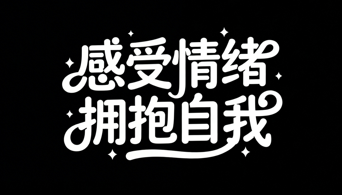 纯黑色背景，白色创意标题字体设计，文字内容为“感受情绪 拥抱自我”，整体风格活泼轻松自由，字体大小有变化、长短不一，排版错落有致，字体笔画圆滑且带有装饰，笔画之间有巧妙的连笔设计，笔画互相呼应衔接，增预览效果