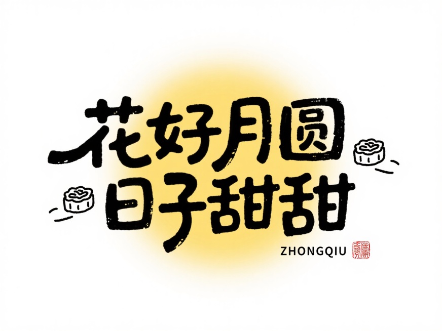 黑色标题组合设计：“花好月圆 日子甜甜”，左右点缀极简的月饼涂鸦，右下角加拼音 “ZHONGQIU” 与红色中式小印章。文字布局紧凑，后方衬渐变黄色圆形，白色背景预览效果