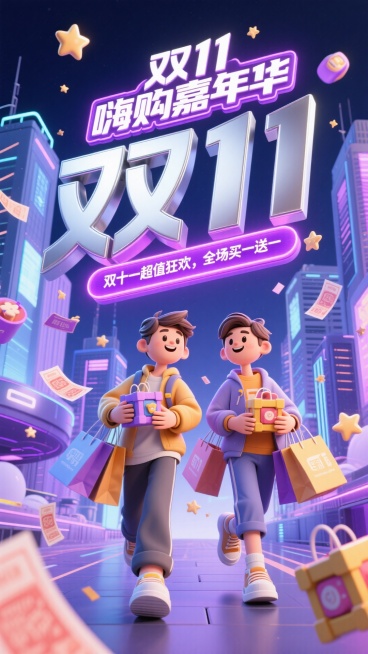 画面以巨型银色 “双 11” 艺术字体为视觉核心，上方悬浮 “双 11 嗨购嘉年华” 霓虹标题牌，搭配紫色光带标注 “双十一超值狂欢，全场买一送一”。场景里，一对卡通青年抱着满满当当的购物袋穿梭，周围预览效果