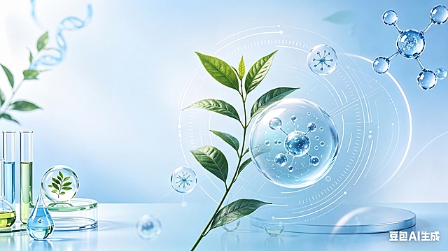 将图一左侧的浅蓝植物实验室背景，与图二右侧的浅绿色分子科技背景融合成一个完整的新背景，保持整体浅蓝色清新科技美妆风格，过渡自然