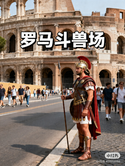 小红书图文内容页，画面展示罗马斗兽场门口真实街景，穿着古罗马服装的角斗士站在路边，很多游客在附近走动，标题文字“罗马斗兽场”字体清晰明显，整体高清自然无AI感，排版符合小红书3:4比例审美预览效果