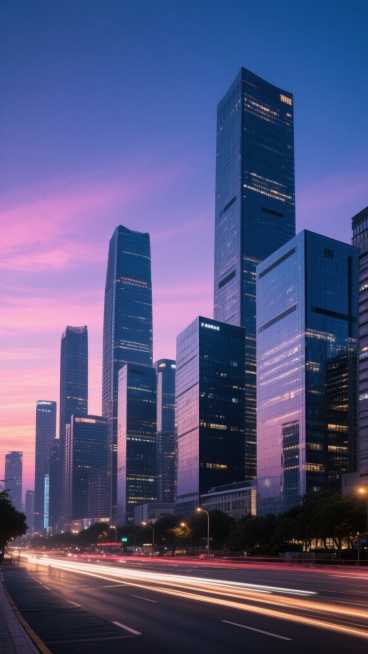 城市夜景全景，高楼林立的现代都市建筑群，黄昏向夜晚过渡的渐变天空，从深蓝到粉紫的柔和晚霞，建筑物玻璃幕墙反射着天光与灯光，底部街道有流动的车灯轨迹，整体画面干净通透，色彩和谐统一，光影层次分明，适合作为背景素材使用的城市背景。预览效果