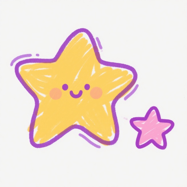 手绘涂鸦风格的星星拟人插画，一颗主体黄色星星有着圆润的轮廓和紫色描边，边缘带有随意的手绘笔触，旁边是一颗较小的粉色星星，同样有紫色描边，整体色彩明快活泼，线条流畅自然，充满童趣和涂鸦的随性美感，背景为纯白色，突出星星主体的可爱形象。预览效果