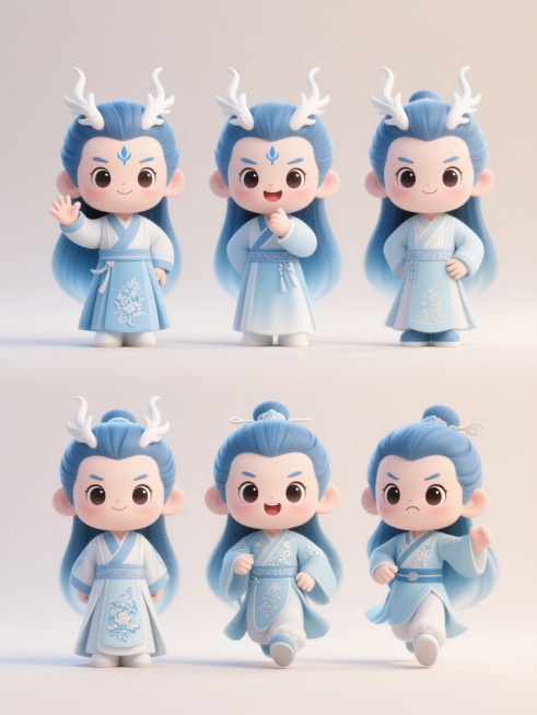 Q版卡通风格，6个敖丙形象，上下两行对齐排列，浅色背景，蓝色渐变长发，额头蓝色印记，白色龙角，浅蓝色传统服饰，精致绣花图案，圆润脸型，大眼睛，不同姿势（站立、挥手、微笑、思考、叉腰、奔跑），不同表情（开心、惊讶、疑惑、生气、害羞、得意），明亮色彩，柔和光影，细腻线条，可爱氛围，简洁背景预览效果