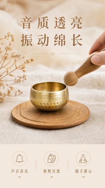 [第4屏] 功能演示屏，展示迷你颂钵敲击发声的使用过程。
[氛围/风格] 自然真实使用场景，禅意宁静氛围，动态感清晰演示。
[元素布局] 主画面展示木质冥想垫上放置迷你颂钵，使用【图1】产品保持外观尺预览效果