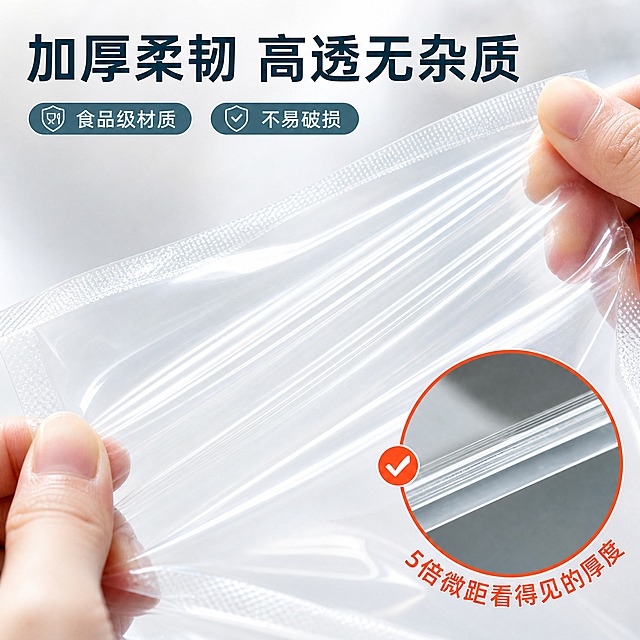 [主图-3] 聚酯光面真空袋 材质韧性与透明度品质证明。唯一任务：证明加厚柔韧、高透明、食品接触安全，不重复前两张的功效结论。
统一基调：整套为清透洁净的商用食品包装调性；背景主色为洁净白至清透蓝绿浅渐变；标题字色为深墨蓝绿，辅助字色为中灰蓝，强调色为小面积鲜橙红；标题与说明文字统一使用同一款无衬线黑体，仅以字号和粗细分层级；信息组件统一为圆角胶囊标签、细白描边浅色半透明卡片与线性小图标，文字一律横排。
画面：满版微距特写。主体为一只白色光面真空袋被双手轻轻向两侧拉伸，袋身出现均匀的透明拉伸纹理但没有破口与白化，边缘挺括；右下角叠加一个 5 倍微距圆形窗，显示膜面光滑无杂质、截面厚度均匀分层清晰；背景为浅灰白并虚化处理；双手只露部分手指，捏合受力方向明确，商品材质、颜色与透明度与输入图一致。
光影质感：侧逆光穿透薄膜，形成清透的透光感与细微折射，接触处有自然阴影，突出柔韧而非脆硬。
配色：浅灰白至清透蓝绿浅渐变，标题深墨蓝绿，鲜橙红仅用于微距圈描边与勾选图标。
文字版式：左上方横排大标题"加厚柔韧 高透无杂质"，下方两枚圆角胶囊短词"食品级材质""不易破损"；统一无衬线黑体，主标题最大最粗，辅助字缩小一半以上。
输出要求：1:1 正方形，中文清晰无错字；禁止变形、色差、破损、畸形手指、模糊、噪点、水印、平台 Logo。