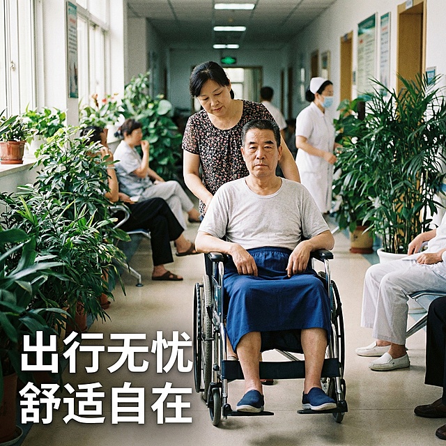 女儿推着66岁国字脸中国老爷爷，老爷爷坐在轮椅上，穿戴深蓝色老年人防漏隔尿裤裙，裙长控制为70cm不要过长。背景为社区医院走廊搭配绿植，社区护理日常场景，自然柔和光线，真实自然摄影风格，背景铺满全屏无边框。左下角浅色文字 "出行无忧 舒适自在"，文字不遮挡主体面部，字体为无衬线体白色。