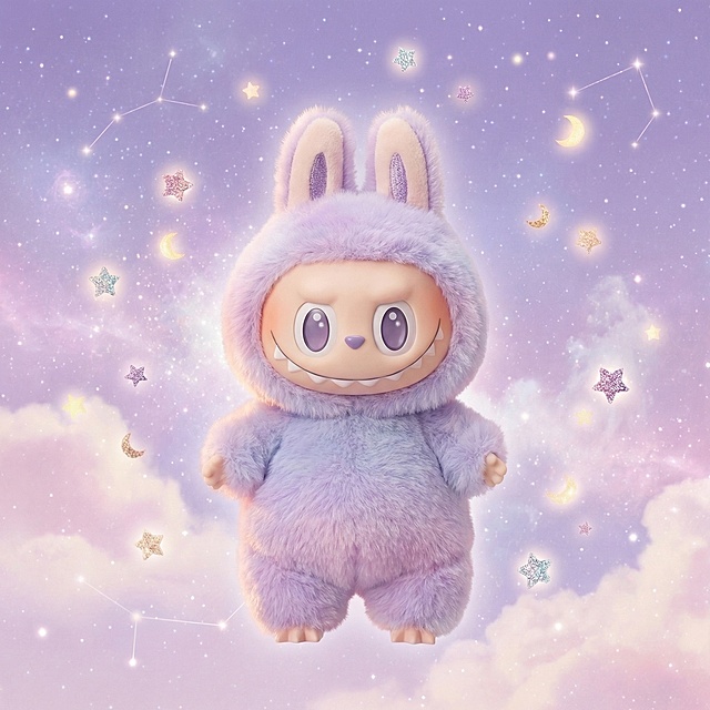 可爱治愈风拼多多电商主图，主体为浅紫色渐变的拉布布三代毛绒挂件，单个玩偶清晰突出占画面60%以上，放置在淡紫色梦幻星空背景上，周围漂浮闪光星星和小月亮，无任何价格文案，风格参考给出的星空款红色拉布布主图
