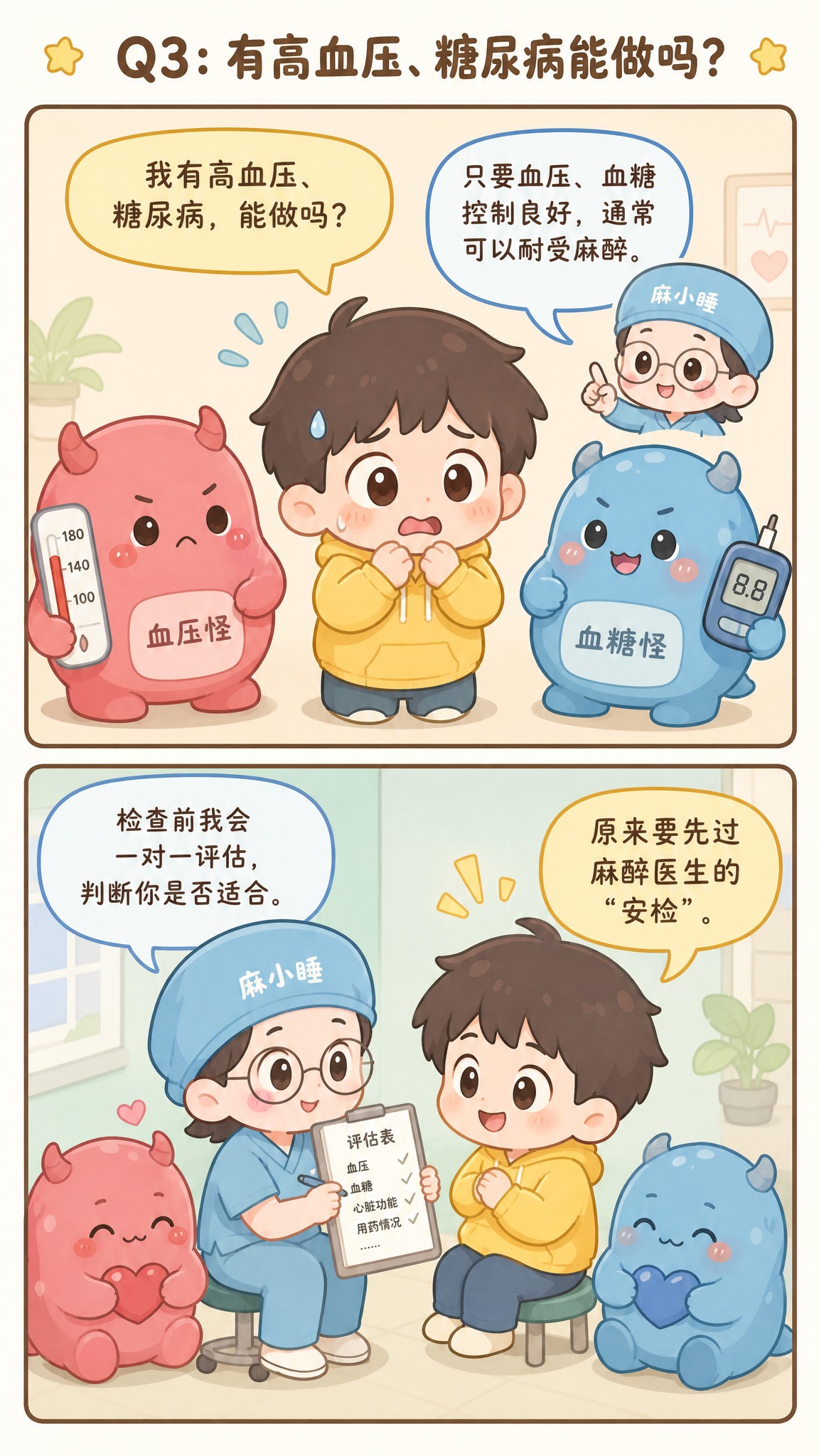 条漫P6《Q3：有高血压、糖尿病能做吗？》，两格竖排漫画，马卡… - 图片创意预览