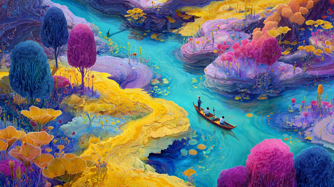 Aerial view of a Dopamine Valley, a rainbow river of flowing liquid light winds through fantastical预览效果