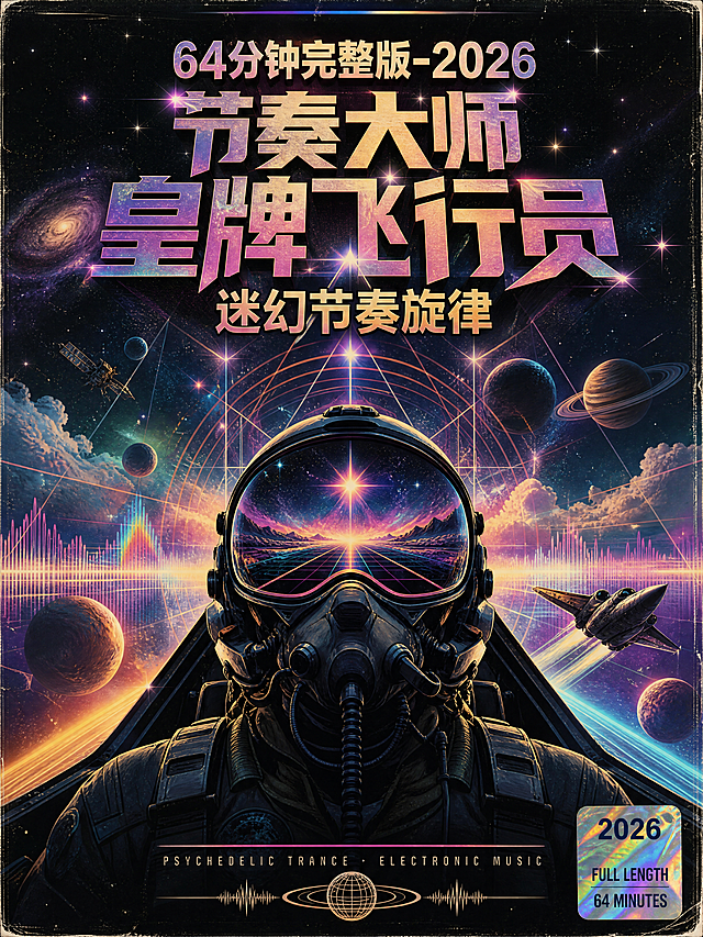音乐专辑封面，标题文字为"64分钟完整版-2026节奏大师皇牌飞行员迷幻节奏旋律"，复古迷幻风格，宇宙星空背景，包含飞行员元素，梦幻光影，电子音乐氛围