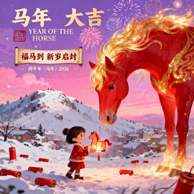 一匹巨大的红色神马（占据画面右侧大半部分，马身散发着神圣的金色光辉，马头低下、鬃毛飘逸）眼神温和地注视着左下角可爱的小女孩（春节喜庆的着装，双手虔诚地捧着一个小马造型的花灯递给马）。背景为积雪覆盖的冬预览效果