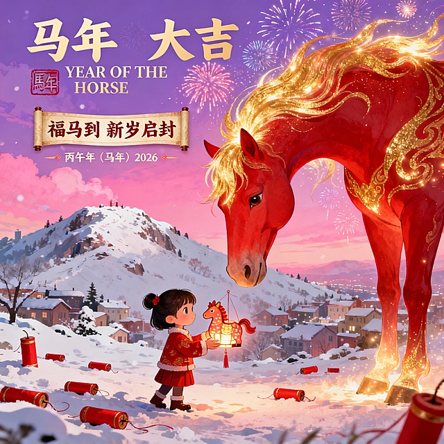 插画风融合国潮与拟人元素，红金马身流光溢彩，童趣女孩手持马灯，雪景烟花映衬喜庆梦幻，粒子光效增添虚拟现实感，尽显马年大吉的鎏金祥瑞。