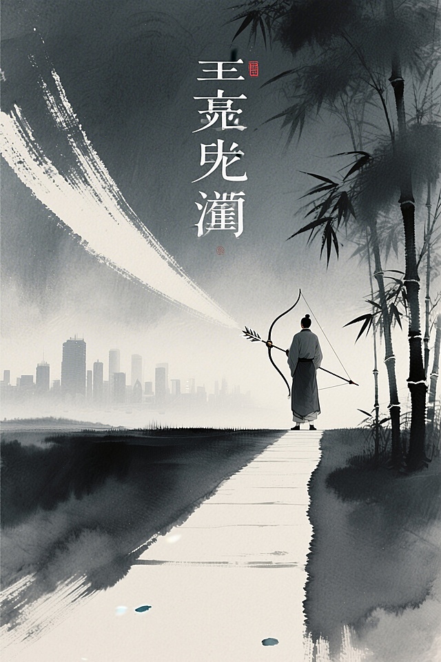 深灰底色，一道水墨笔触如箭痕划过画面中央。右侧一人背影立于箭道尽头，身形挺拔如松，箭刚离弦，弦影微颤。远处城市轮廓淡如烟霭，近处竹影疏落。标题字体采用宋体与细黑体结合，庄重中带呼吸感。