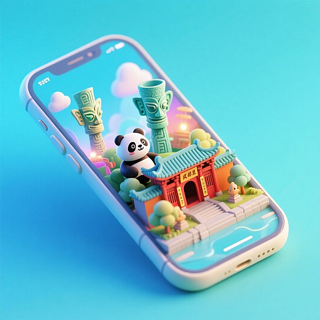 一个手机创意微缩场景，手机平放，侧面对着观众，手机俯视角度，立体的成都景观从屏幕内出来，有熊猫，三星堆，武侯祠，整体色调立体魔幻。青色背景。具有梦幻感,打光营造出柔和氛围强调梦幻和未来感的美学。