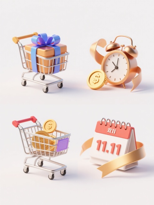 一组4个不同配色、不同样式、不同材质的双11电商促销元素，3D立体风格，干净简约设计，符合现实逻辑，每个元素包含金属质感购物车、多彩丝带礼盒、金色硬币、闹钟、日历（显示11.11）、飘带等促销元素，光影明亮柔和，高细节，适用于电商素材，白色背景预览效果
