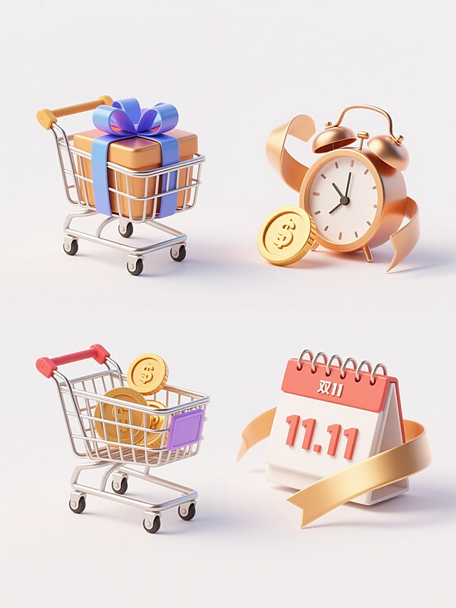 一组4个不同配色、不同样式、不同材质的双11电商促销元素，3D立体风格，干净简约设计，符合现实逻辑，每个元素包含金属质感购物车、多彩丝带礼盒、金色硬币、闹钟、日历（显示11.11）、飘带等促销元素，光影明亮柔和，高细节，适用于电商素材，白色背景