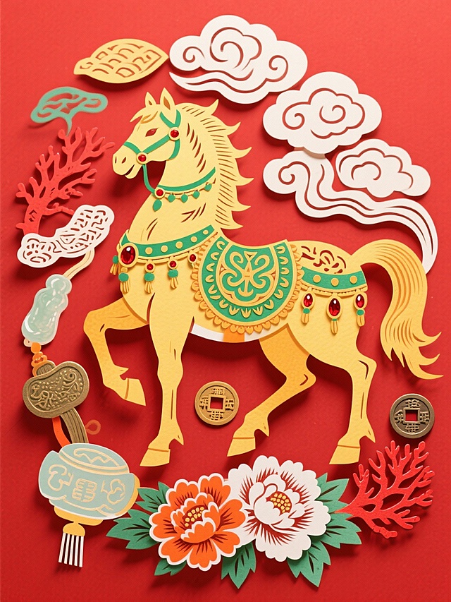 主体是金黄骏马（装饰翠绿纹样配饰，点缀红宝石质感），周围环绕玉如意、古铜钱、红珊瑚、牡丹等吉祥元素，背景为朱红色云纹，配色浓烈鲜艳（金、绿、红、橙、白等），风格喜庆华贵、充满传统吉祥寓意。