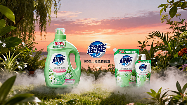 对称平衡构图，超能洗衣液大瓶+补充装+植物集结，淡绿色香氛雾气环绕，浮现"100%天然植物精油" "720小时持久留香"，中央品牌logo与slogan，晚霞暖调柔光，8K超写实，电影级光影，无人物，16:9横屏