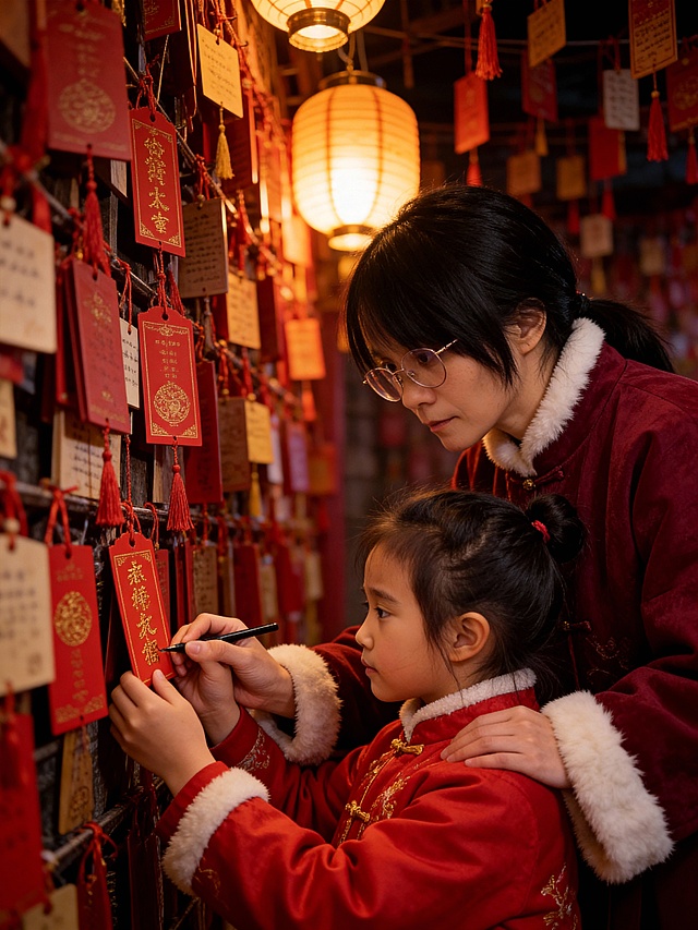 国潮风与刺绣风交融，母女共写祈福牌，红灯笼映衬温馨场景，复古实景中透出浓郁中式喜庆感与民族温情。