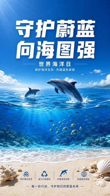 世界海洋日公益宣传海报，主题文字“守护蔚蓝 向海图强”加粗醒目，深蓝色海洋背景，干净沙滩，海豚和鱼类游动，整体庄重大气，公益宣传风格，高清画质预览效果