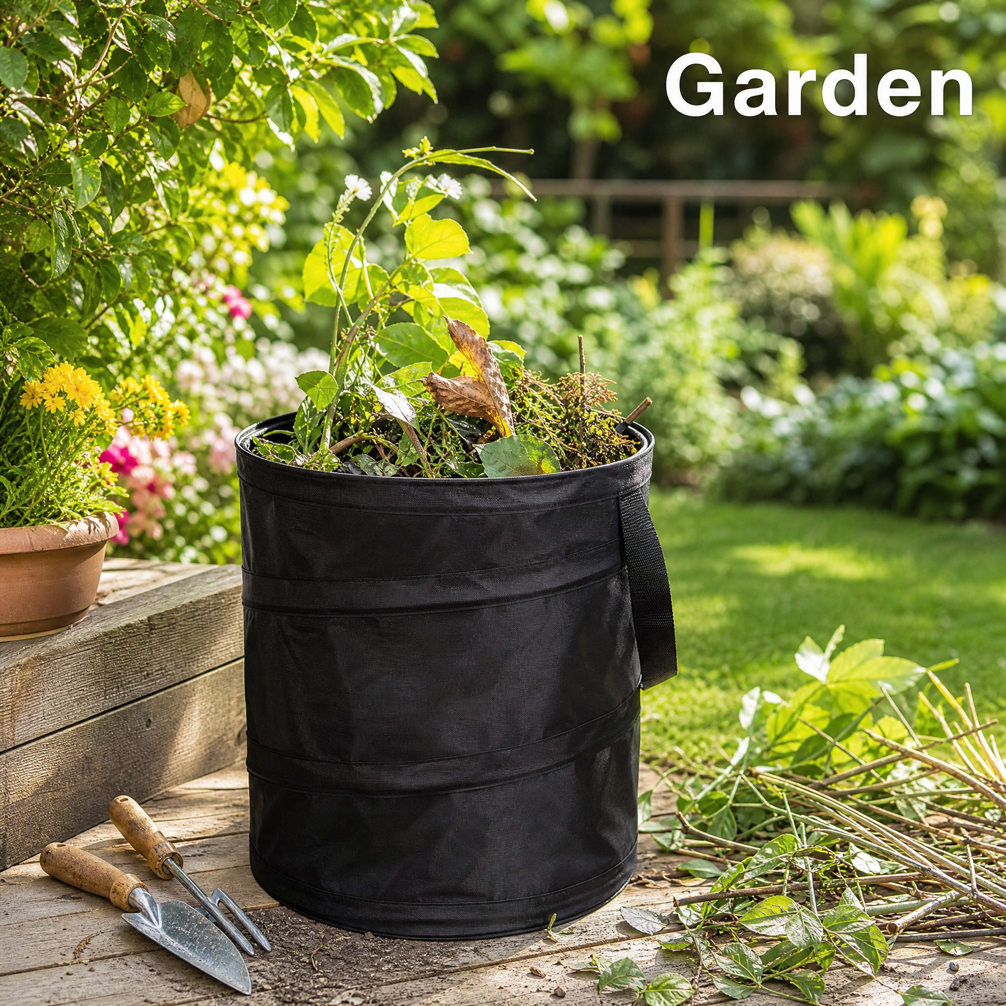 亚马逊主图，1:1比例。花园场景使用图。画面展示一个黑色可折叠… - 图片创意预览