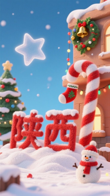 “在画面醒目位置，有由蓬松积雪堆砌而成的立体‘陕西’二字。字体笔画中巧妙地融入圣诞元素：**

‘陕’字：耳朵旁由一根巨大的红白条纹糖果拐杖构最后一笔是一棵装饰着彩灯和小球的小型冷杉树。

‘西’字：预览效果