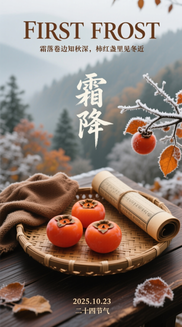 画面主体为复古竹编托盘，旁边搭着棕褐色麻巾，托盘旁放置一卷翻开的古籍书卷，托盘里放着五个橙红柿子；画面顶部用艺术字体呈现英文 “FIRST FROST”，下方小字为 “霜落卷边知秋深，柿红盏里见冬近”预览效果