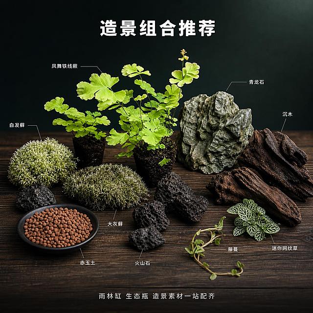 [主图-9] 凤舞铁线造景搭配组合推荐图
[氛围风格] 黑化雨林造景素材全家福，专业感；
[画质] 商业产品陈列摄影质感、清晰真实、层次分明。
[元素] 深色木质背景上，整齐陈列一组雨林造景素材：中央主角是2-3株凤舞铁线蕨（大小略有差异），周围环绕布置迷你白发藓、大灰藓、小块沉木、青龙石、赤玉土颗粒、火山石、一小段藤蔓、迷你网纹草小苗等。所有造景材料有序摆放，形成丰富的视觉层次。背景是深墨绿色哑光背景板，底部是深色木纹台面。画面传达出一站式造景素材齐全的专业感。**保持凤舞铁线蕨植株外观形态、颜色、结构与输入产品图一致，杜绝变形色差**。铁线蕨主体占比约45%。
[光影] 上方柔和漫射光均匀照亮所有素材，叶片嫩绿通透；石头与沉木有自然纹理高光；背景暗部有层次；整体光线柔和均匀，暗调高级感。
[配色] 主色调墨黑+深墨绿（背景）；辅色嫩绿（铁线蕨）+深褐灰（石材沉木）；强调色白绿（苔藓）。
[视角构图] 俯视45°视角，中等景深，中央铁线蕨为视觉焦点，周围造景材料清晰但不抢主体。
[文字版式] 顶部中央大标题「造景组合推荐」白色粗体居中；各素材旁有极细的白色引线+小字标注名称：「凤舞铁线蕨」「白发藓」「沉木」「青龙石」「赤玉土」等，白色小号字。底部中央一行小字「雨林缸 生态瓶 造景素材一站配齐」白色细体。文字引线纤细，不破坏画面整体感。
[输出要求] 1:1比例，文字清晰锐利，超高清商业陈列摄影质感。
[负向提示词] 变形，文字错乱，植物模糊，背景杂乱，水印，电商平台Logo，人物。