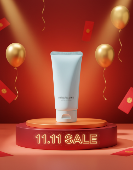 以红橙为主色调，展台下方点缀“11.11 SALE”霓虹灯，商品放置在展台内部，背景有红包、气球元素，整体营造出高级促销感美妆氛围。预览效果