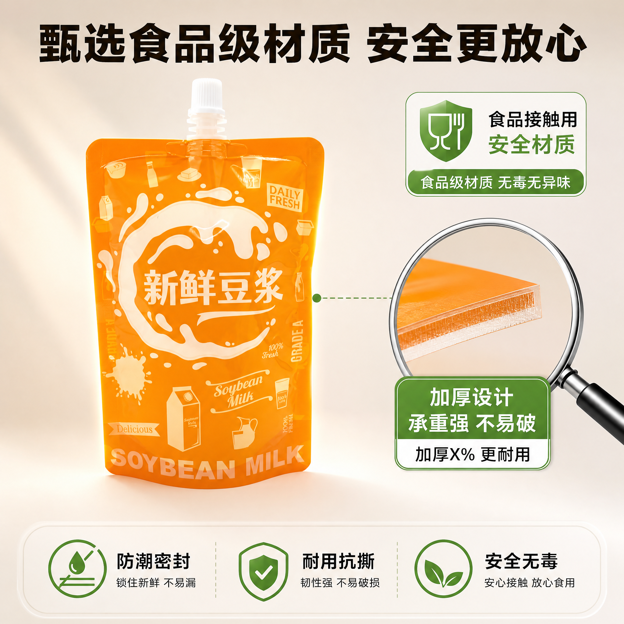 [主图-3] 食品级自立吸嘴袋 材质品质图 食品级安全加厚耐用… - 图片创意预览