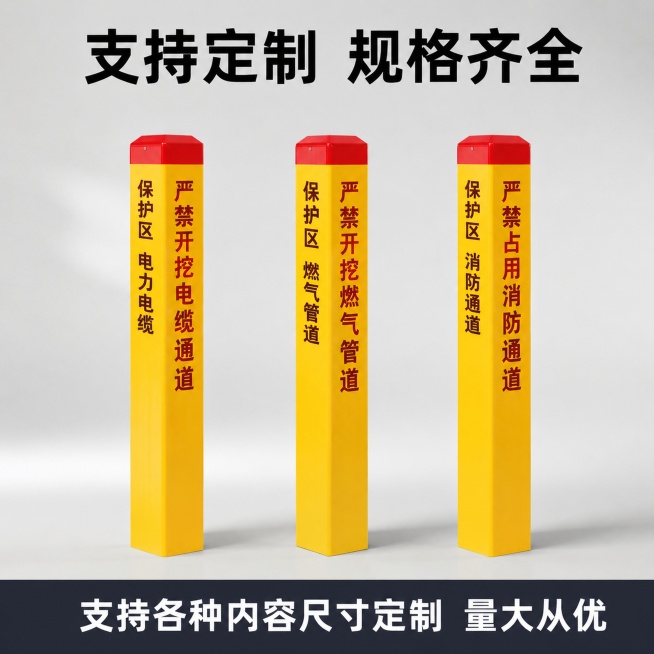 [主图-3] 玻璃钢标志桩定制服务展示图，突出可定制优势。氛围风格为专业多样展示，简洁大气。商业摄影质感、光线柔和通透、产品清晰真实、画面干净高级。浅灰白色干净背景，横向排列三根不同尺寸、不同文字内容预览效果
