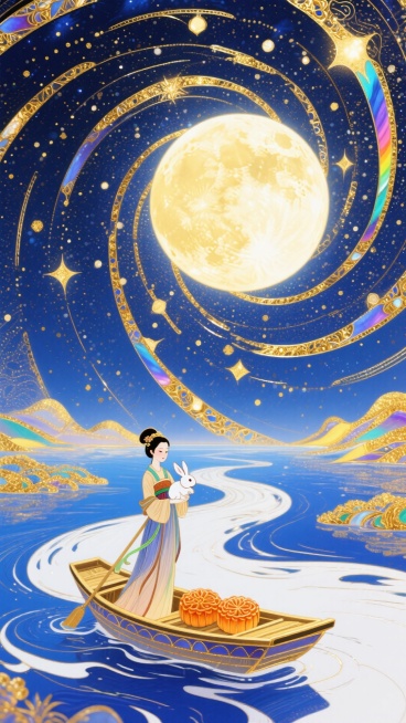 梦幻奇幻风格，全景，小船（漂浮在蓝白色河流上，船上有一个古风女性人物抱着玉兔和两个月饼 ）居画底部，星空漩涡从小船向四周扩散成漩涡状星空（深金色交织） ，中央巨大的发光满月，超现实的星空河流世界，梦幻预览效果