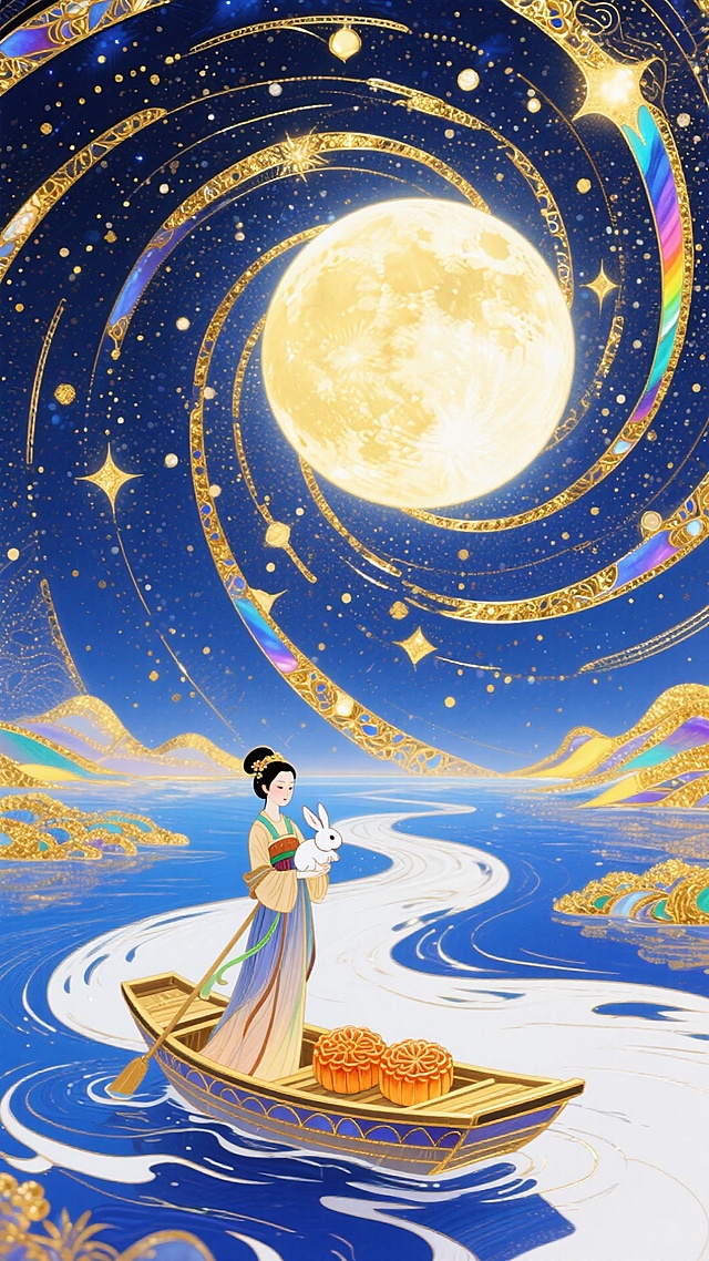 梦幻般的中秋夜，嫦娥泛舟于星河之上，手持玉兔，船载月饼。鎏金纹饰与水彩晕染交织，国潮风韵中透出唯美浪漫，超现实主义构图尽显东方诗意。